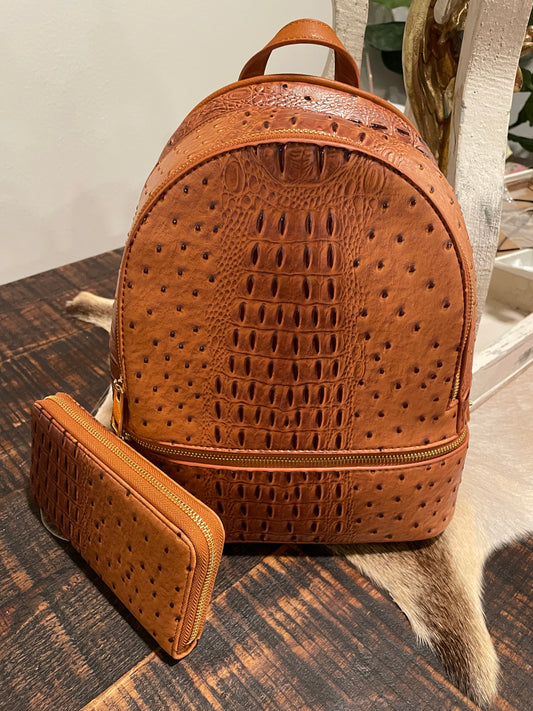 Crocodile Embossed Backpack + Matching Wallet