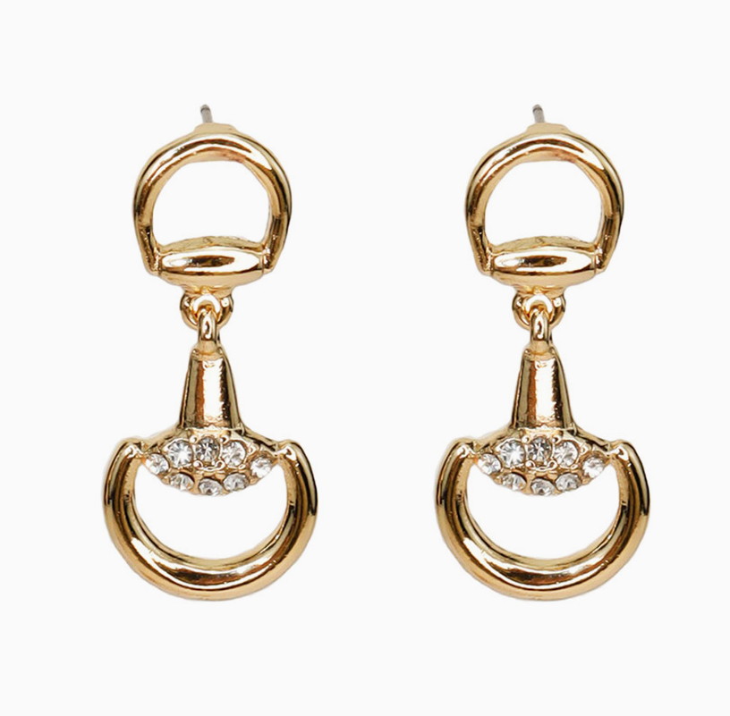 Horsebit Rhinestone Drop Earrings - Gold
