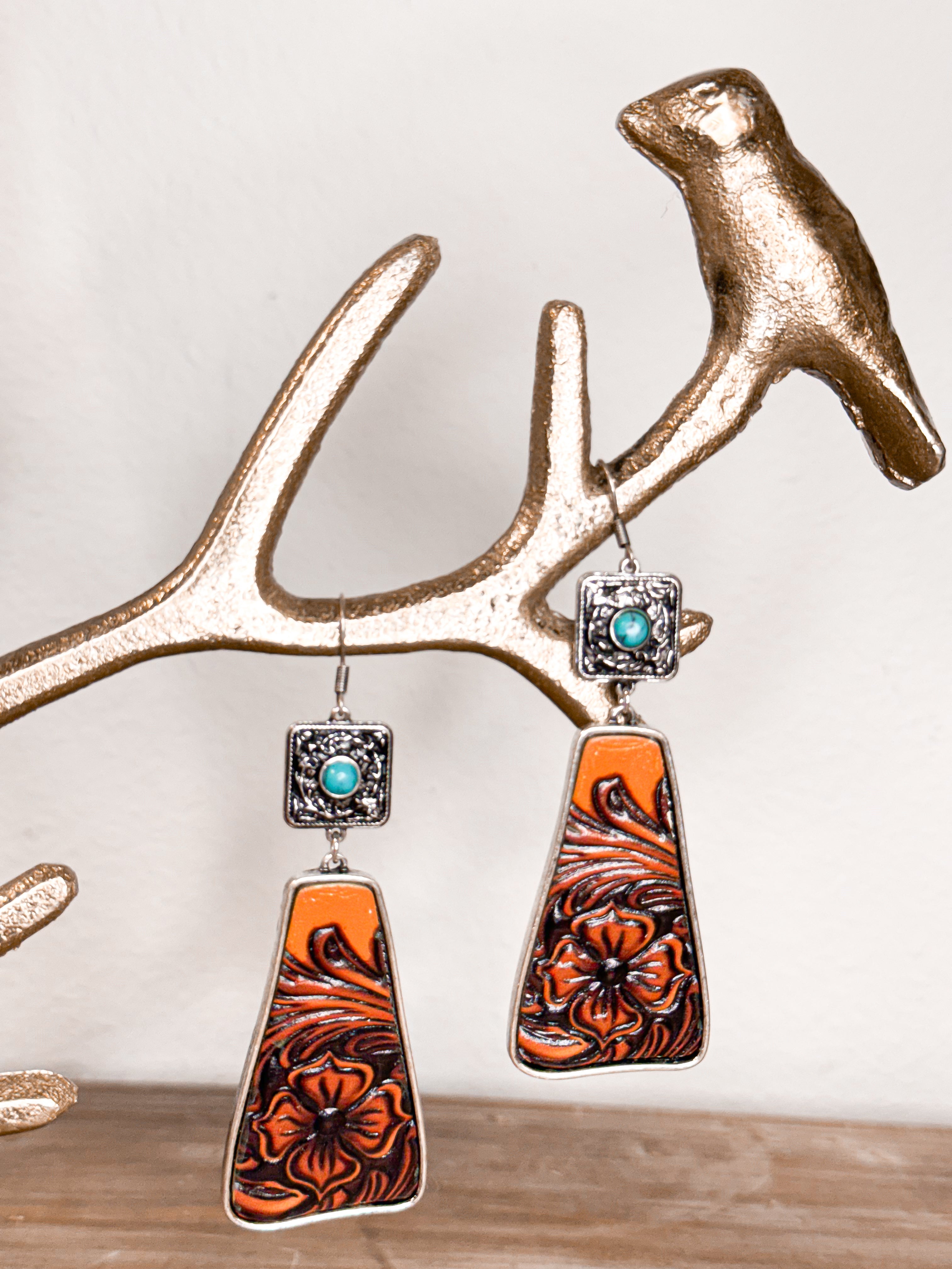 Tooled Leather Western Earrings-SOLD