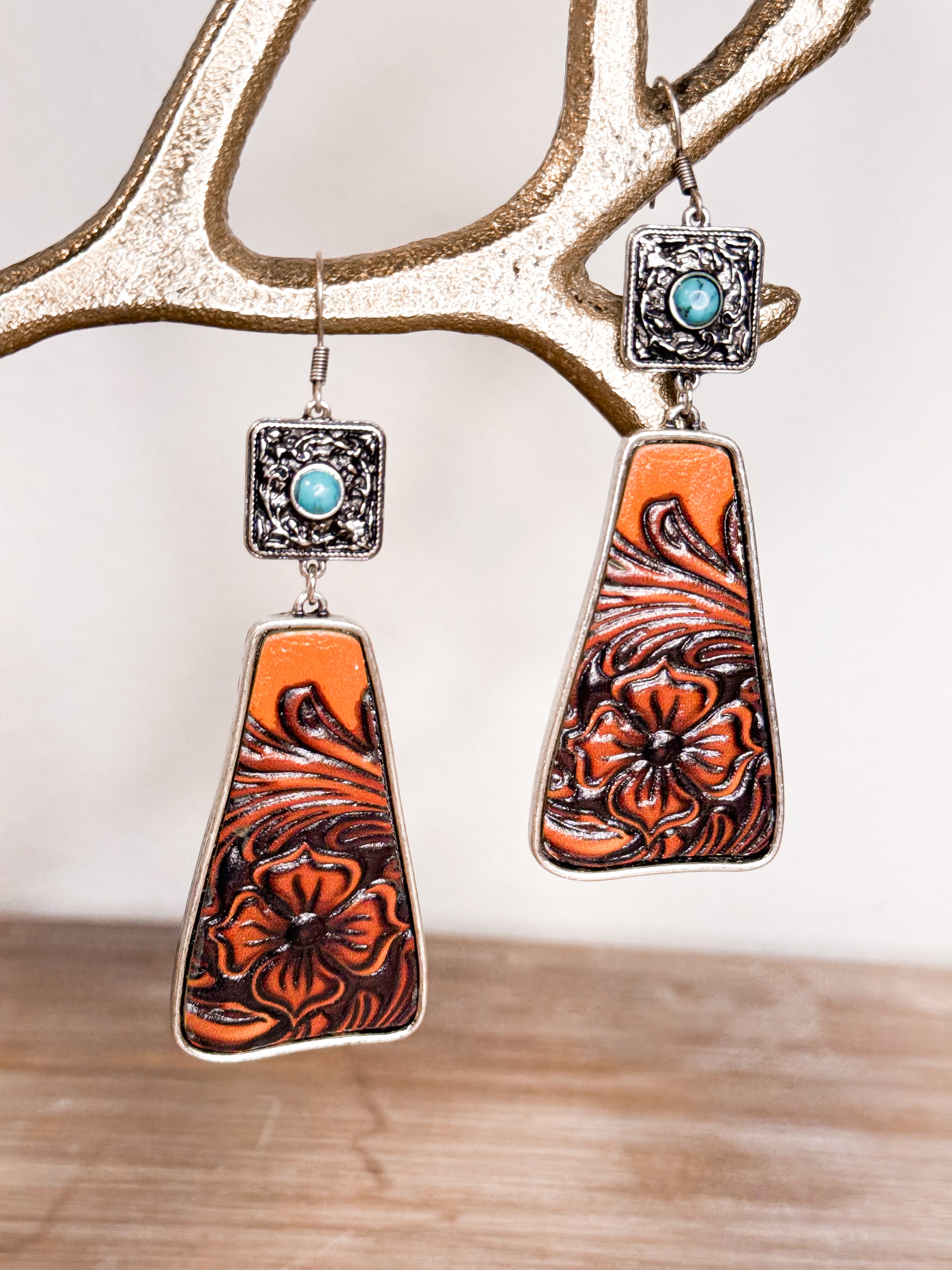 Tooled Leather Western Earrings-SOLD