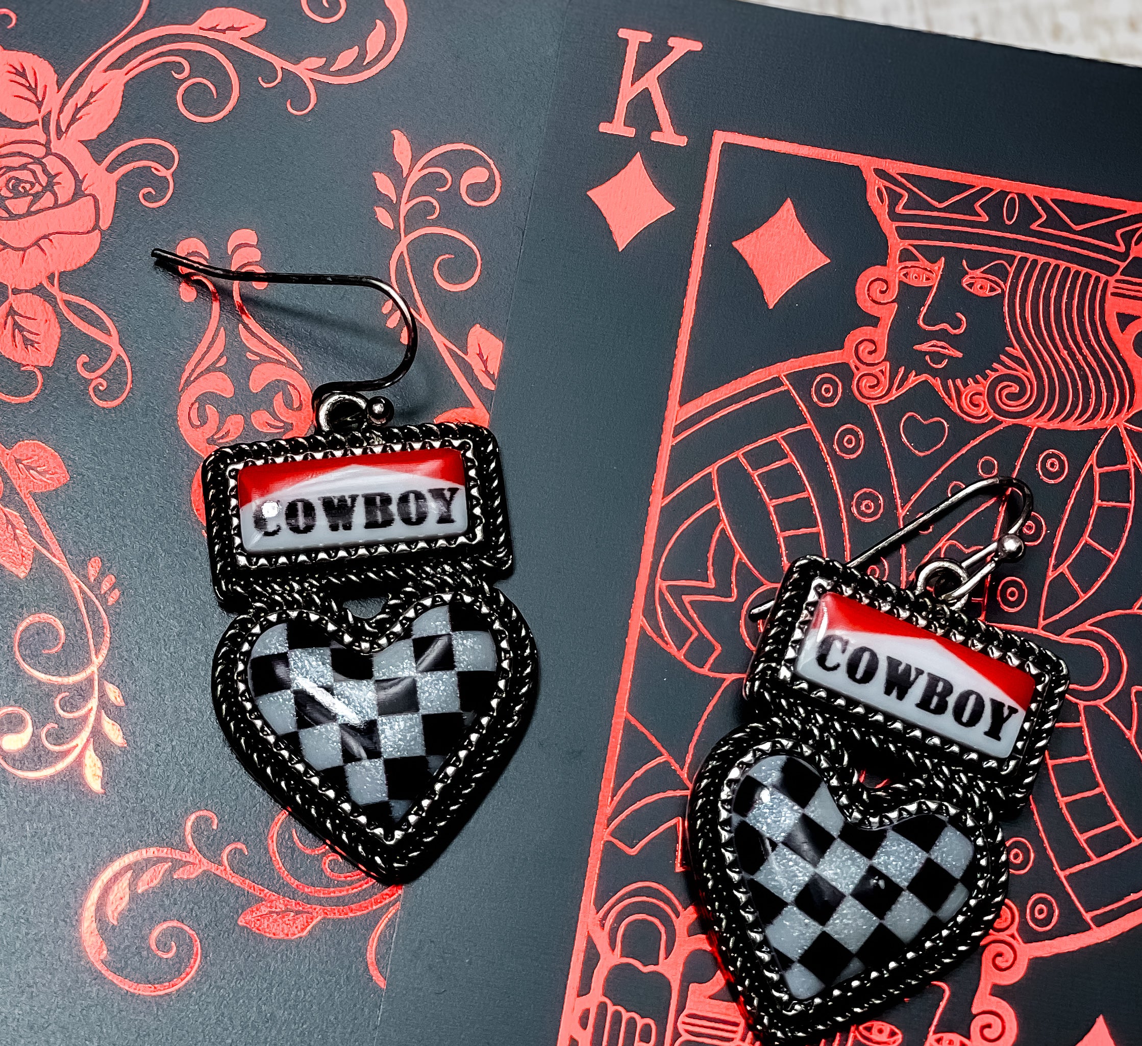 Western Cowboy Heart Checkered Earrings