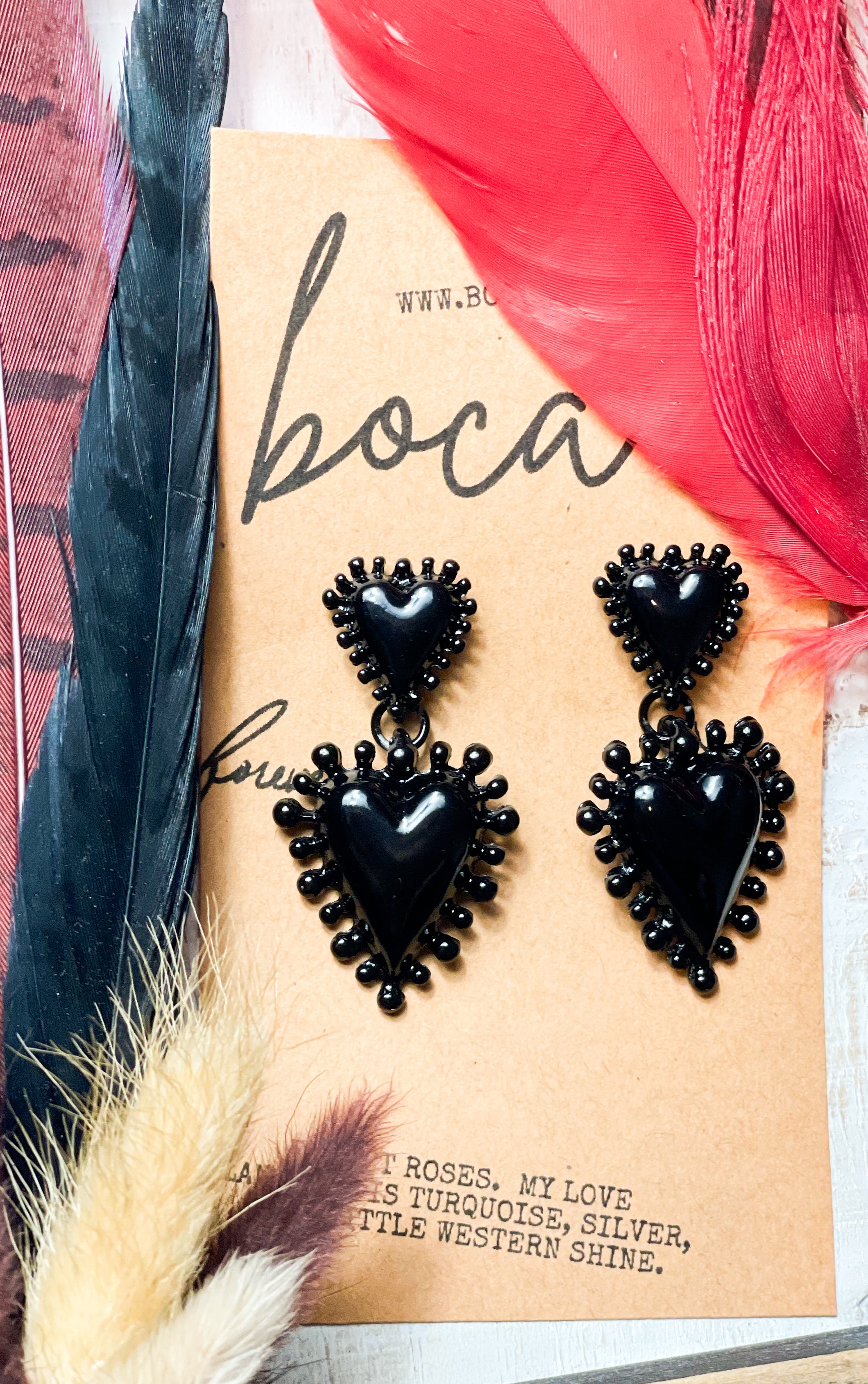 Double Heart Dangle Earrings - Black