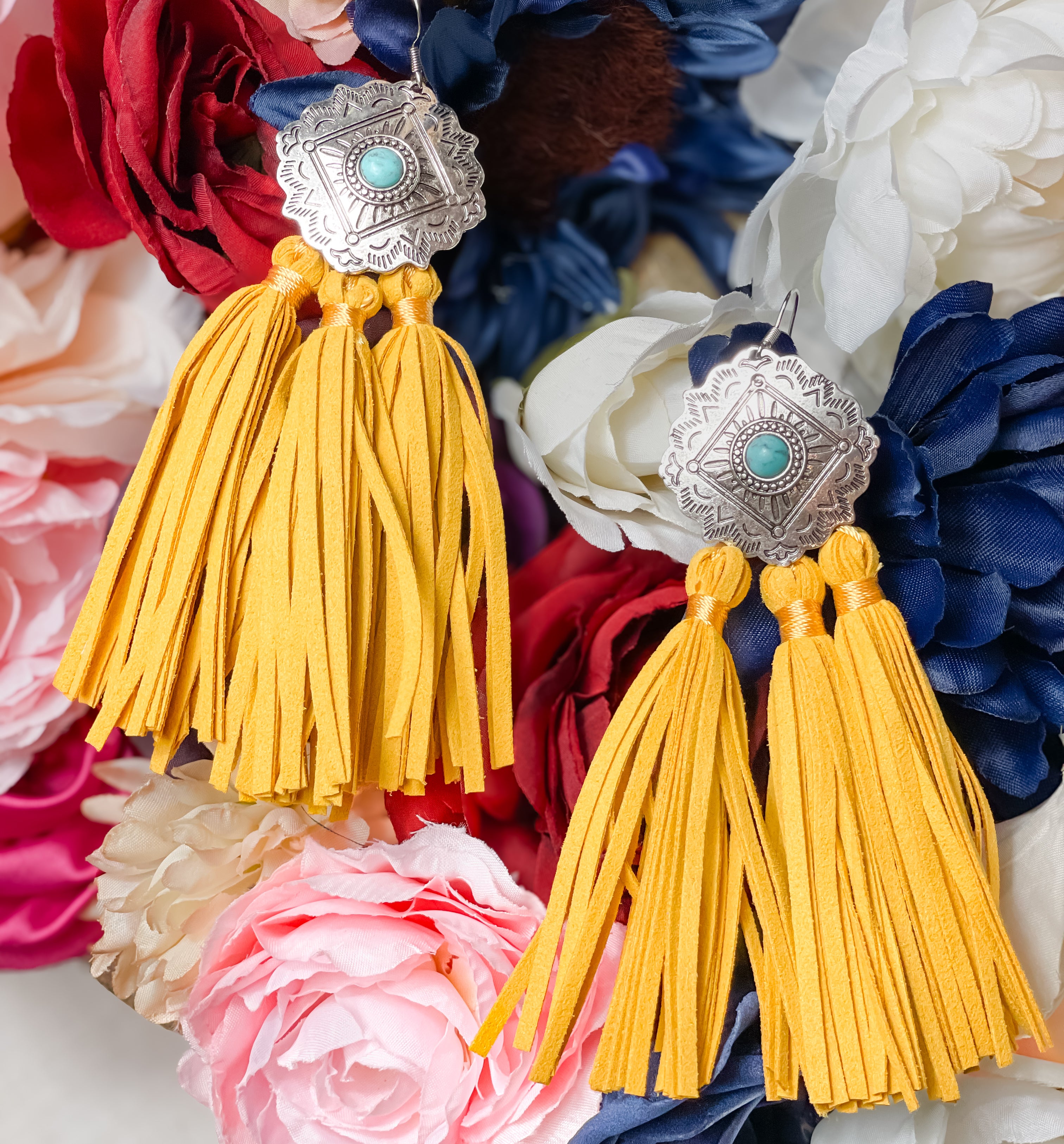 Concho Fringe Tassel Earrings-Yellow