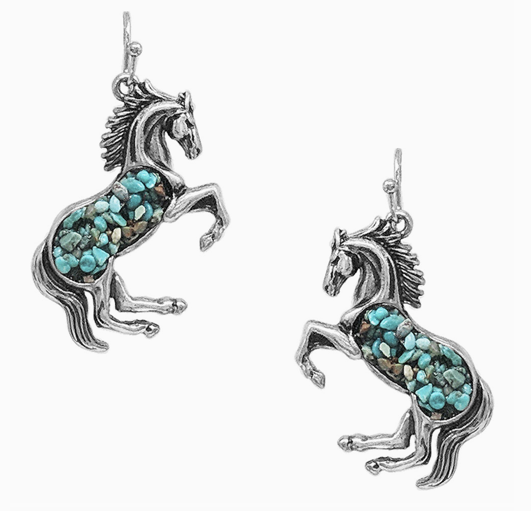 Silver Western Turquoise Chip Horse Earrings