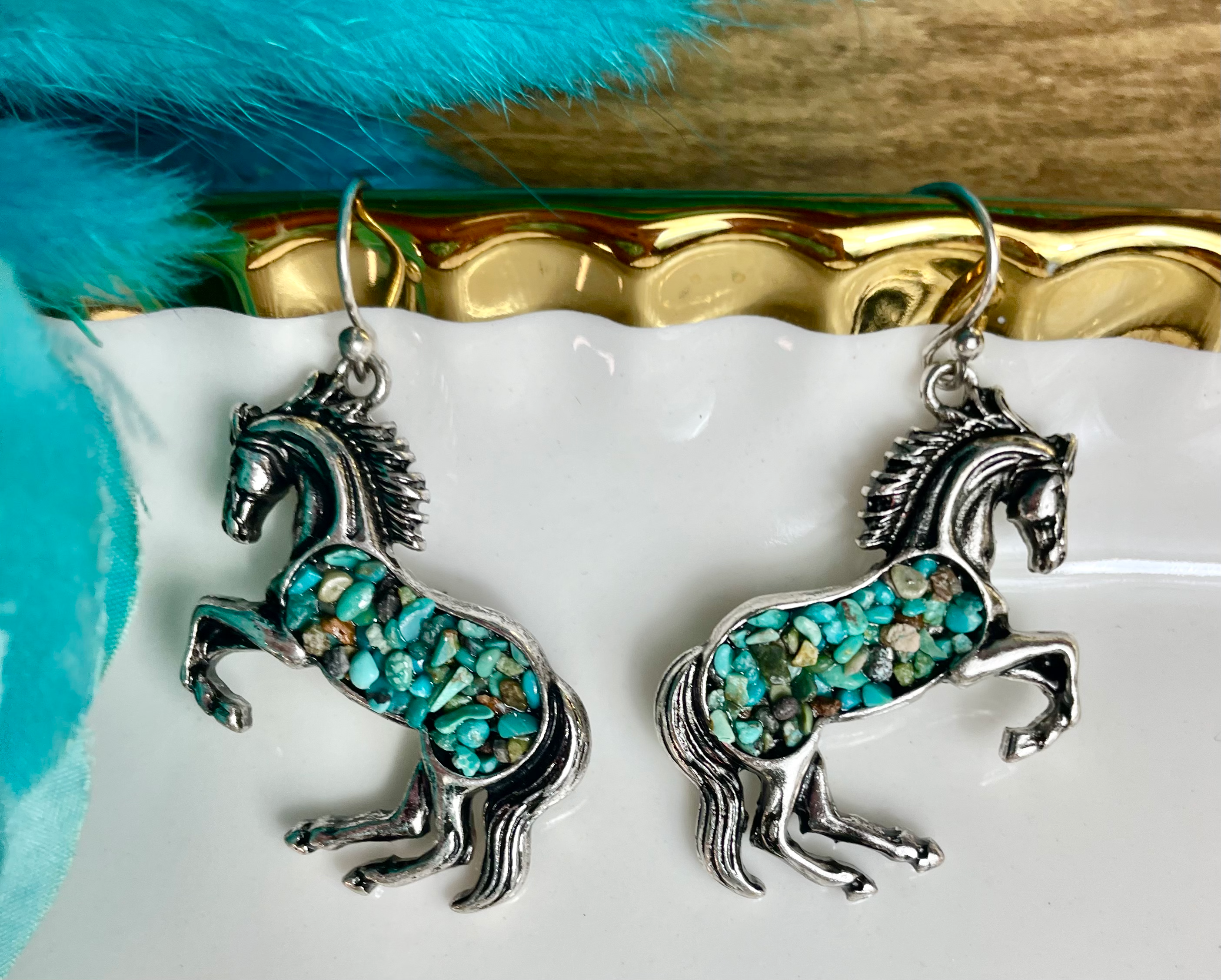Silver Western Turquoise Chip Horse Earrings
