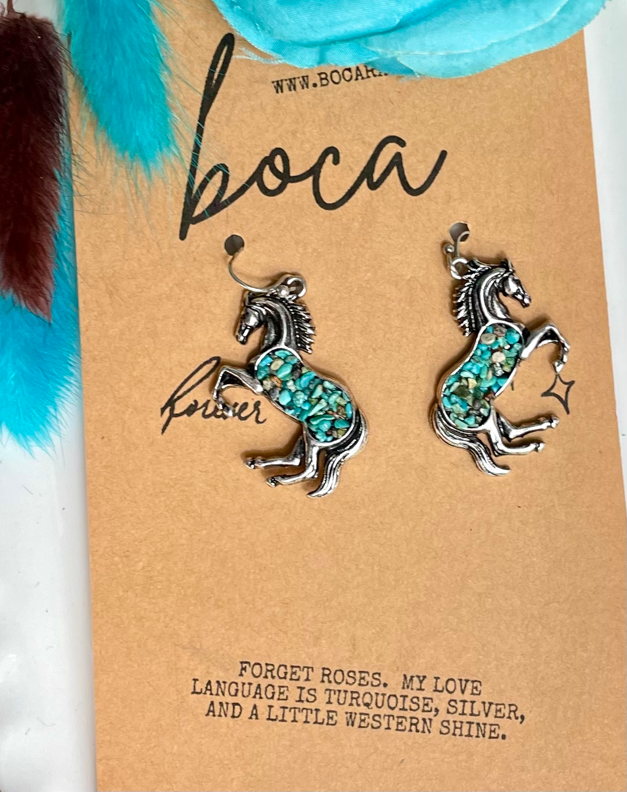 Silver Western Turquoise Chip Horse Earrings
