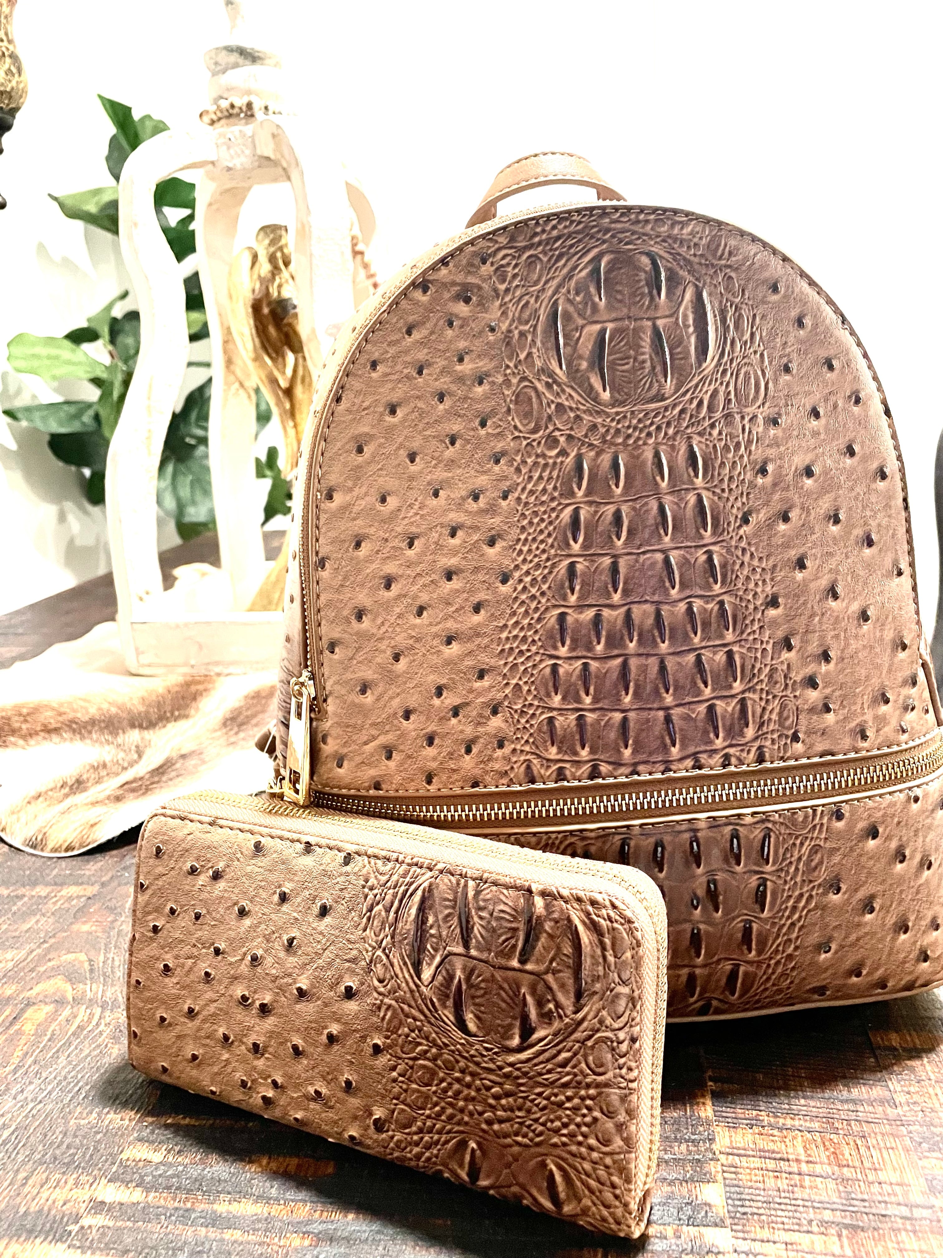 Crocodile Embossed Backpack + Matching Wallet